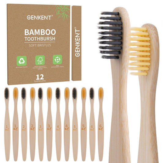 12 Counts Bamboo Toothbrushes Natural Bamboo Charcoal Tooth Brush with BPA Free Soft Bristles in Eco Friendly Color Bristle Wood