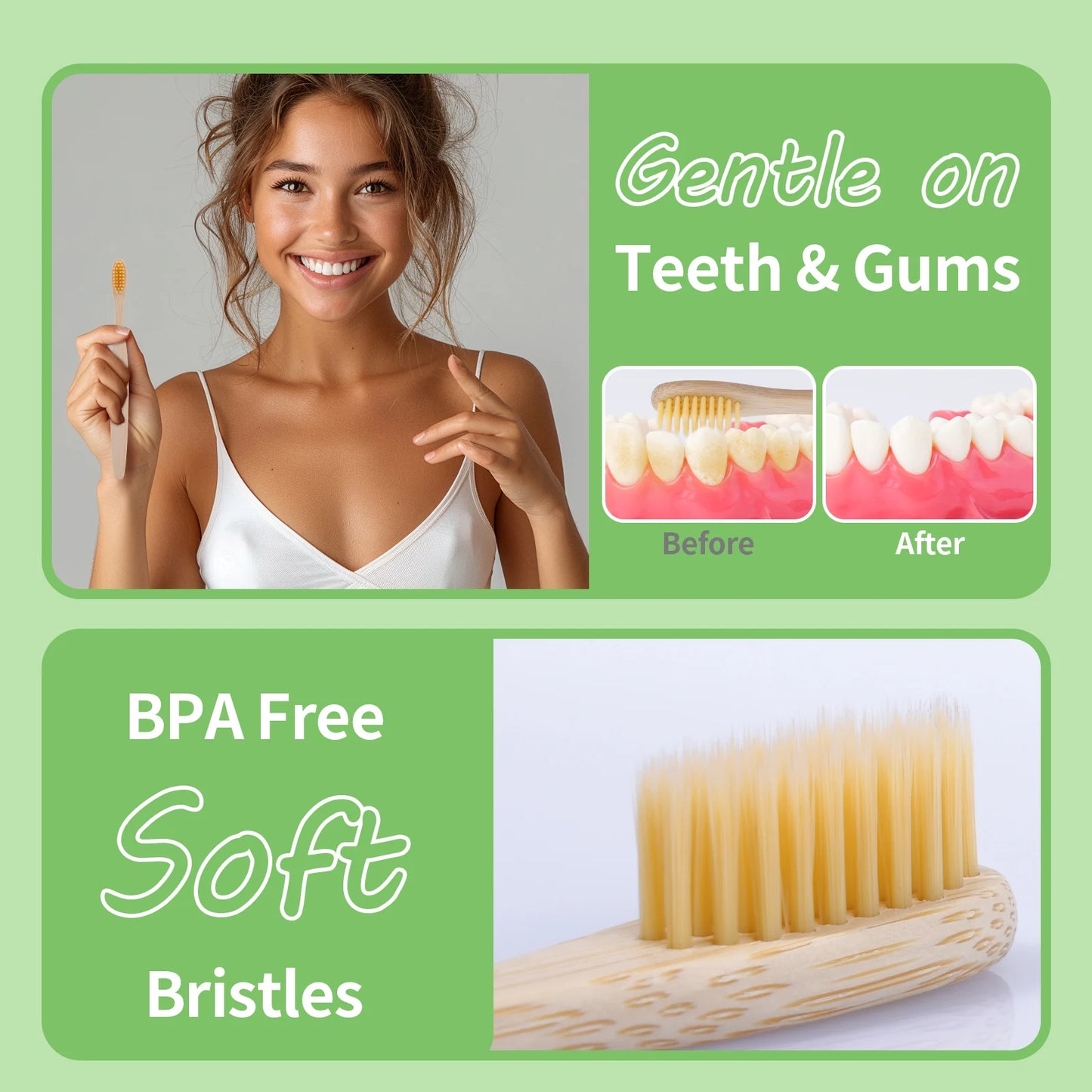 12 Counts Bamboo Toothbrushes Natural Bamboo Charcoal Tooth Brush with BPA Free Soft Bristles in Eco Friendly Color Bristle Wood