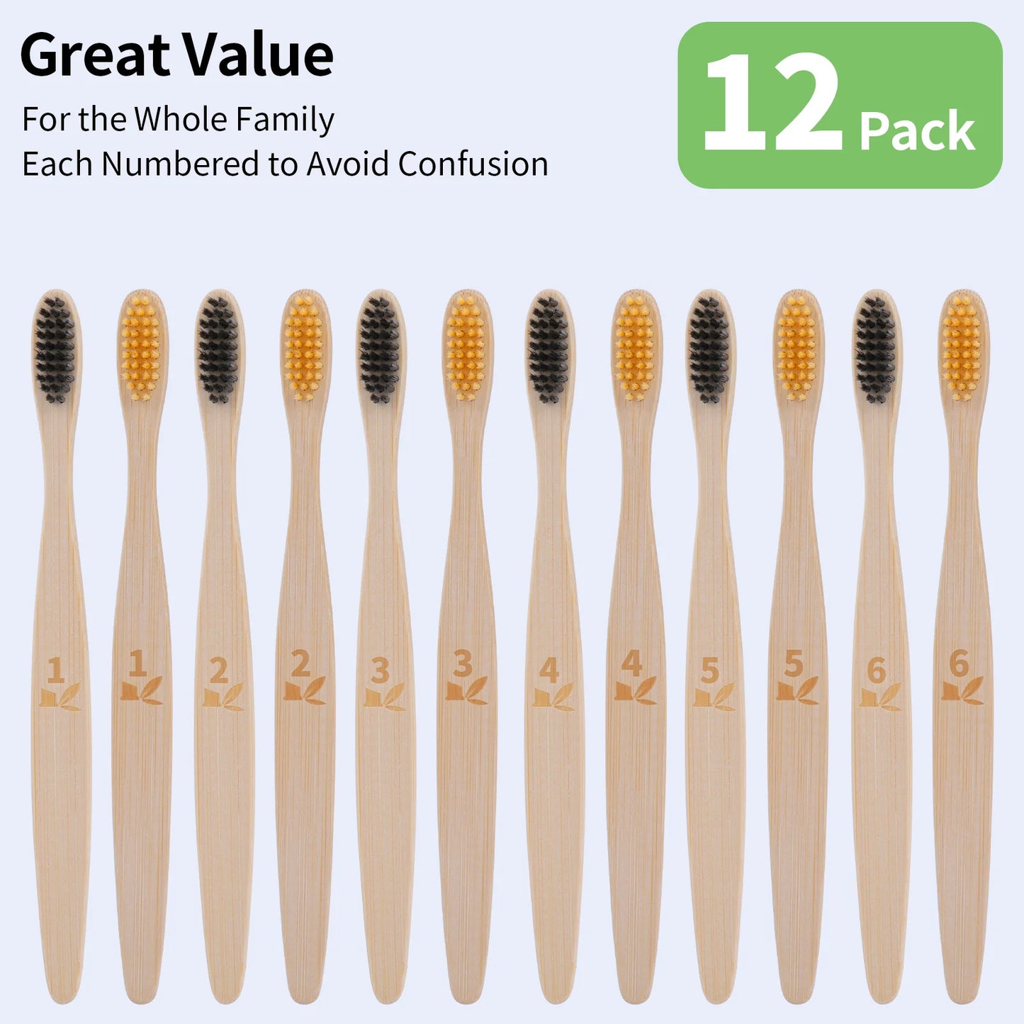 12 Counts Bamboo Toothbrushes Natural Bamboo Charcoal Tooth Brush with BPA Free Soft Bristles in Eco Friendly Color Bristle Wood